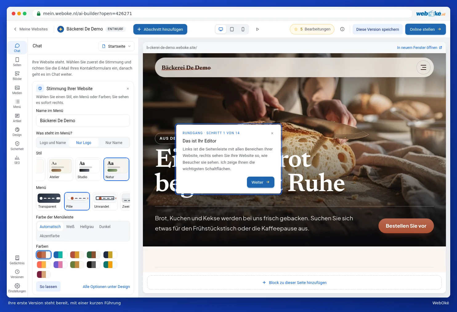 Die erste Version der Website der Bäckerei De Demo mit links der Karte Stimmung Ihrer Website