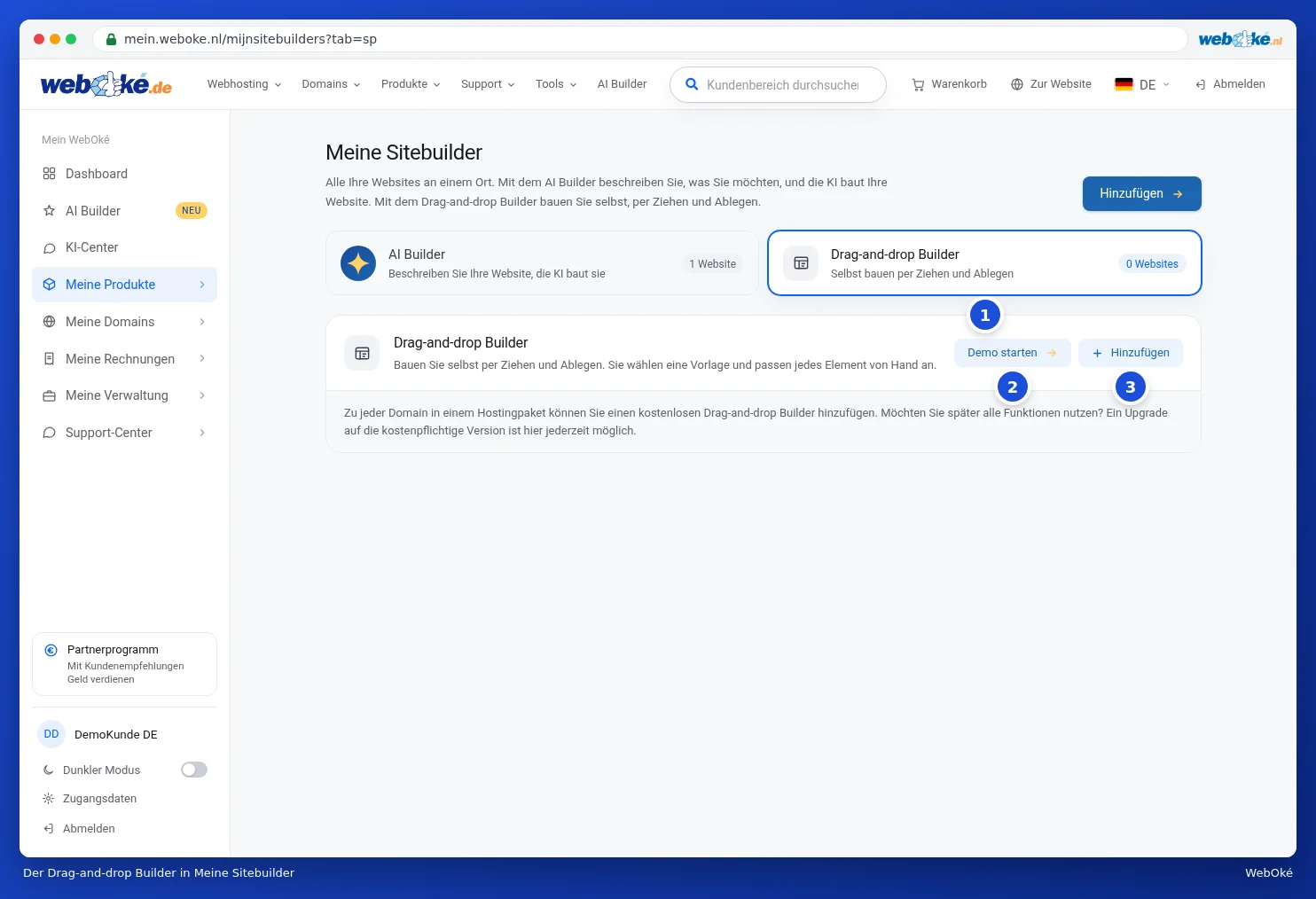 Das Tabblatt Drag-and-drop Builder in Meine Sitebuilder