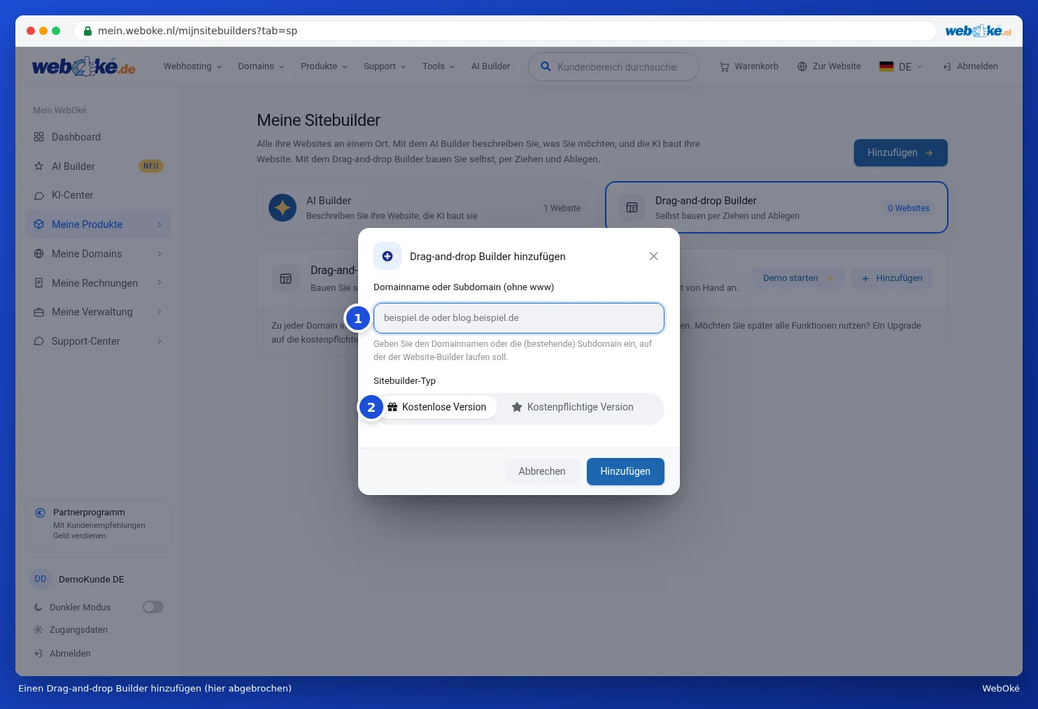 Das Fenster Drag-and-drop Builder hinzufügen mit dem Feld für den Domainnamen