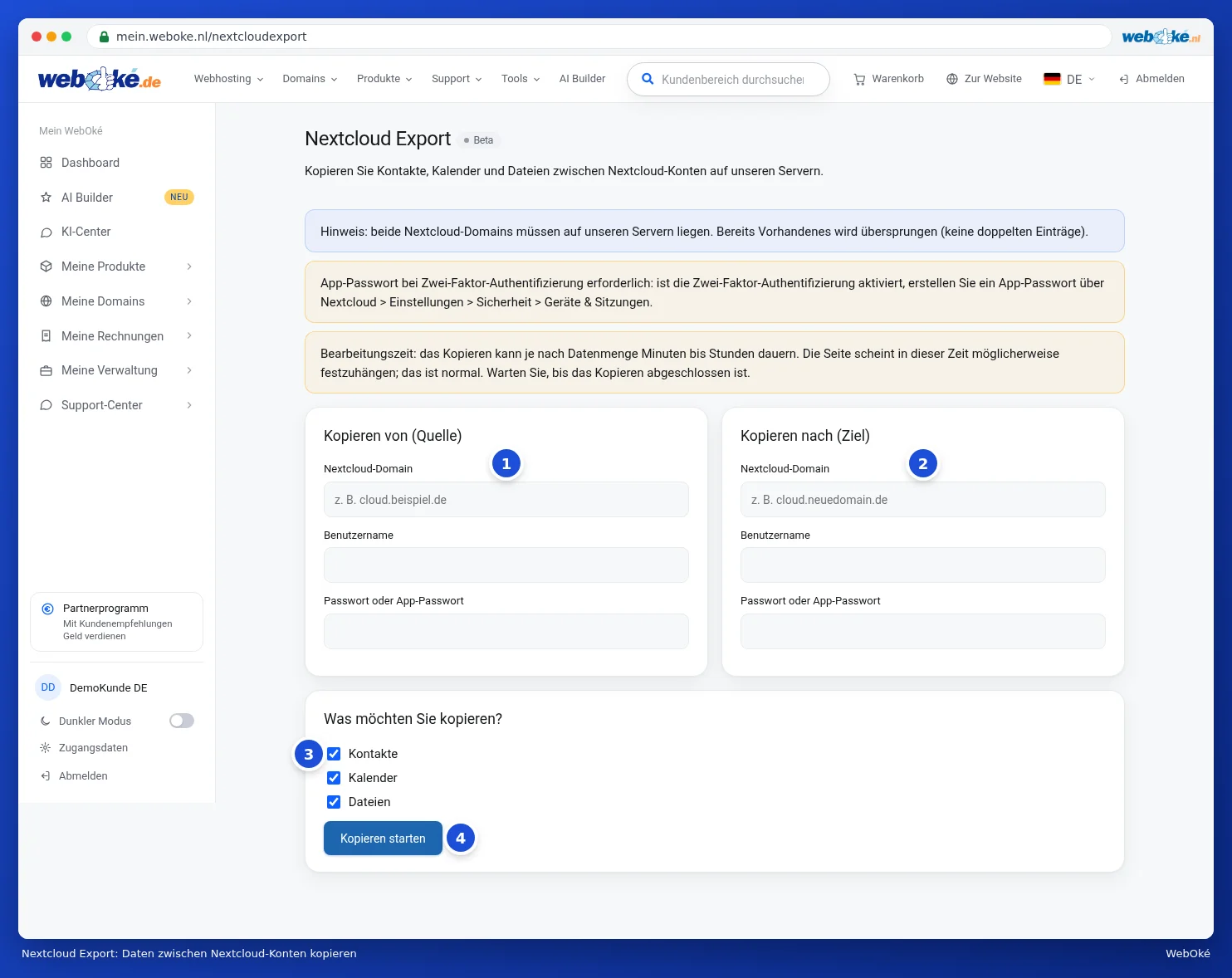 Die Seite Nextcloud Export mit den Feldern für Quelle und Ziel