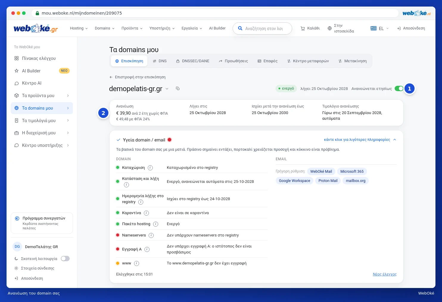 Το επάνω μέρος της σελίδας του domain με τον διακόπτη και την κάρτα Ανανέωση