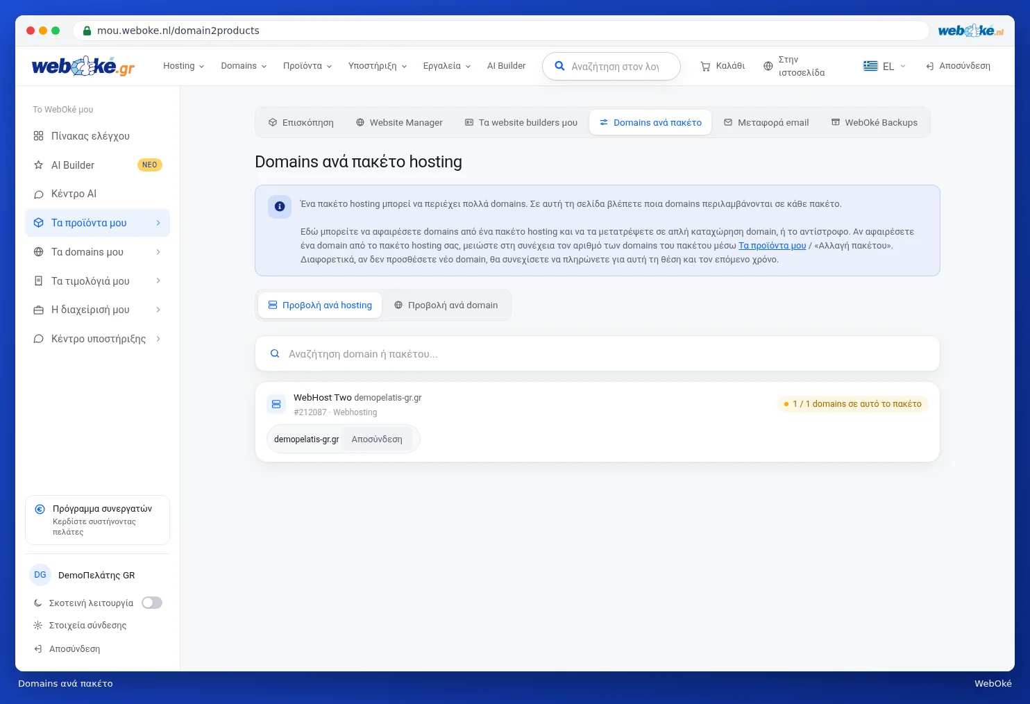 Η οθόνη Domains ανά πακέτο hosting με ένα πακέτο και το domain του