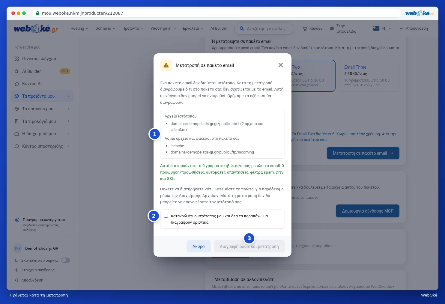 Το παράθυρο Μετατροπή σε πακέτο email με όσα θα διαγραφούν και όσα παραμένουν