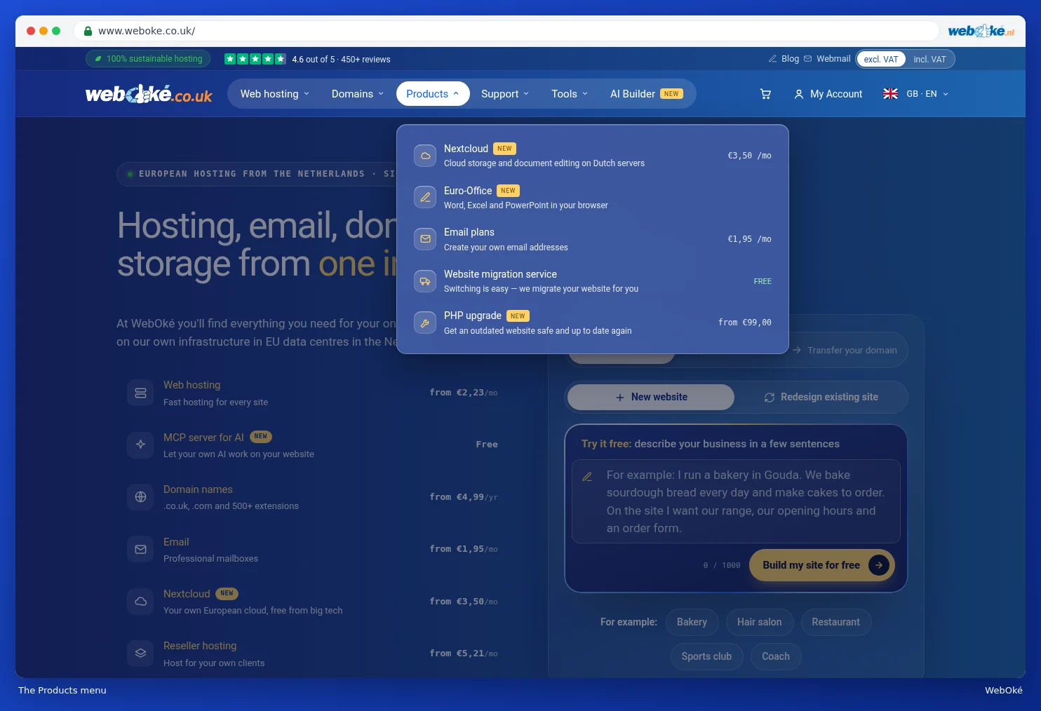 The open Products menu