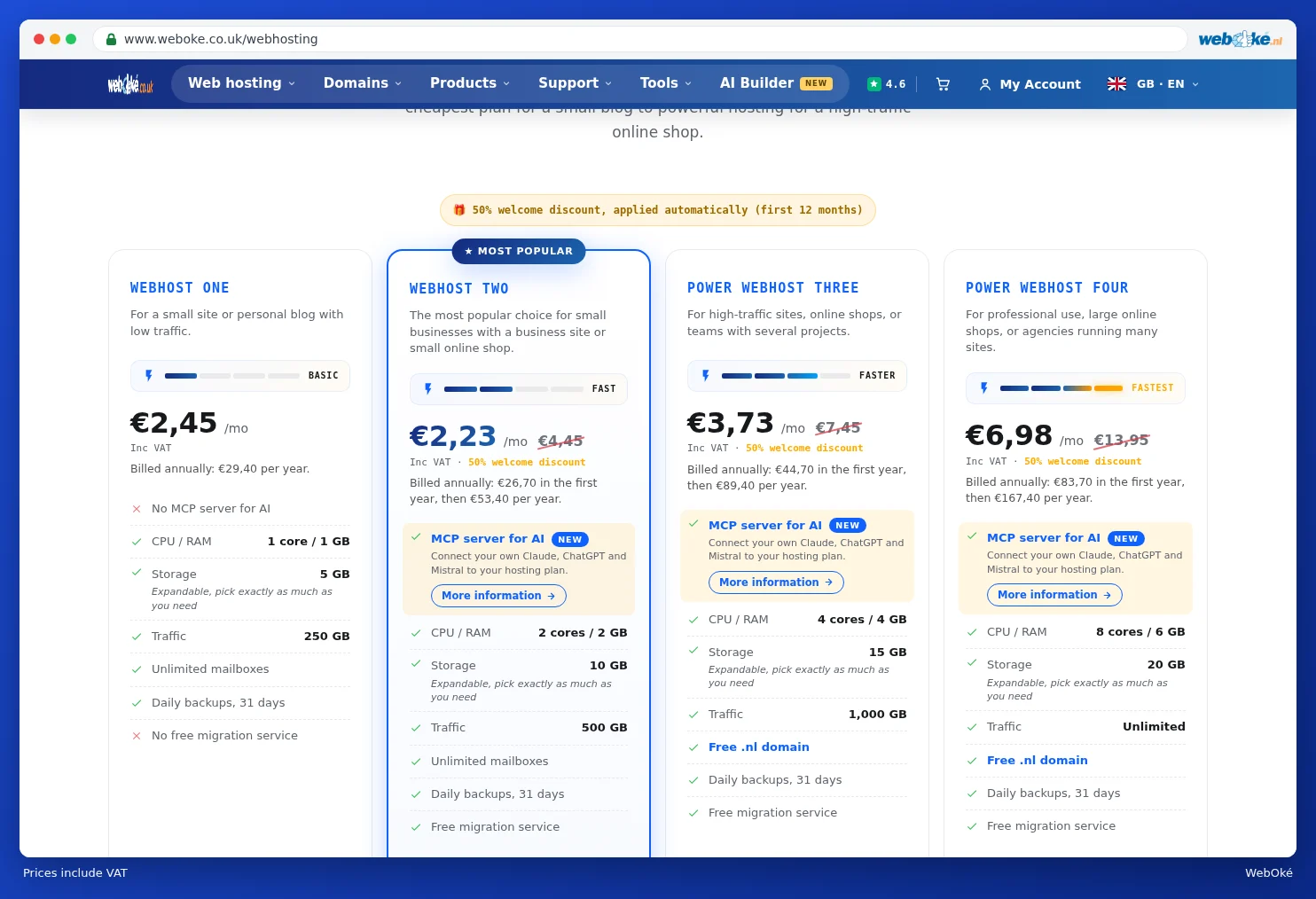 The web hosting plans with prices including VAT
