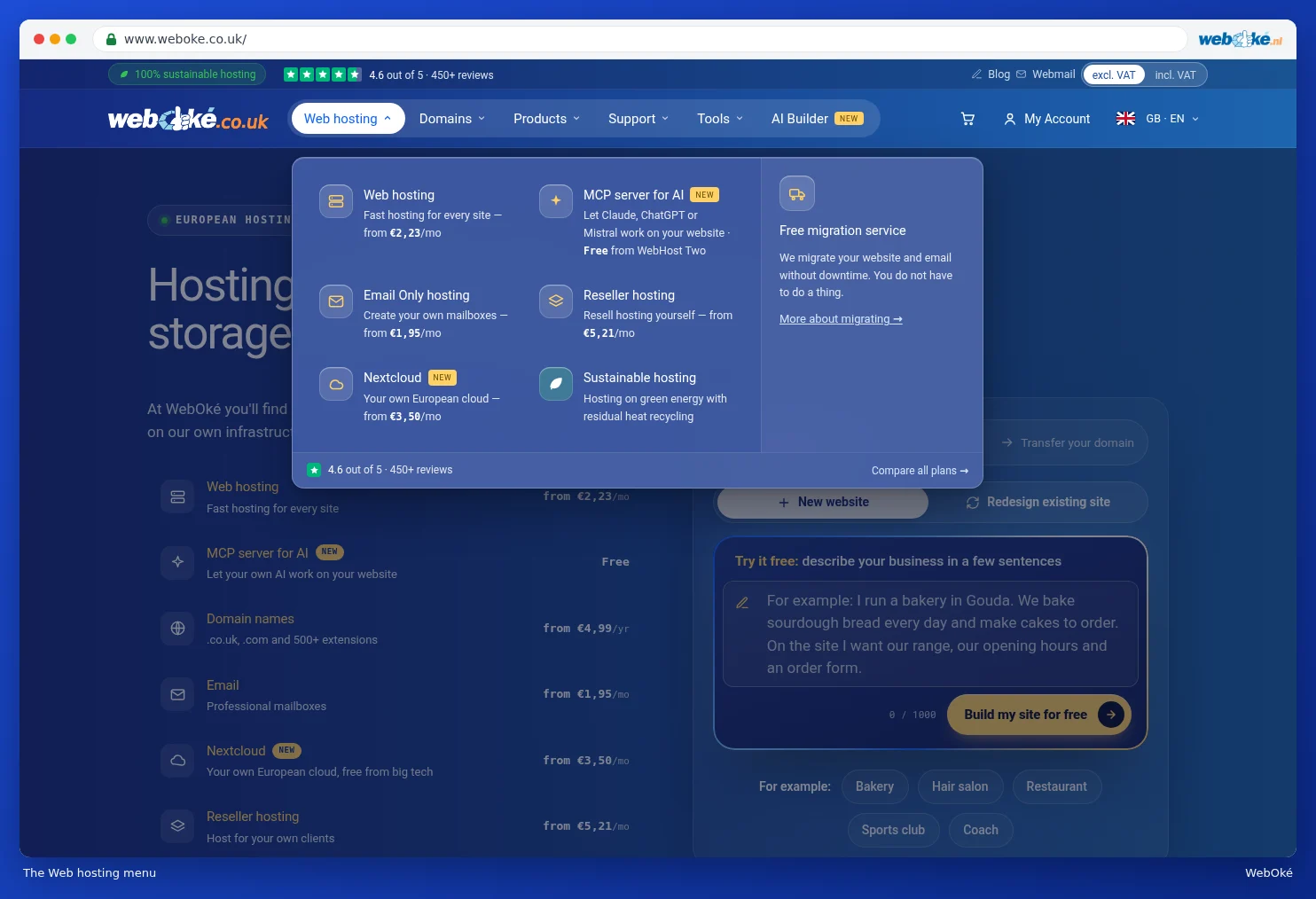 The expanded Web hosting menu