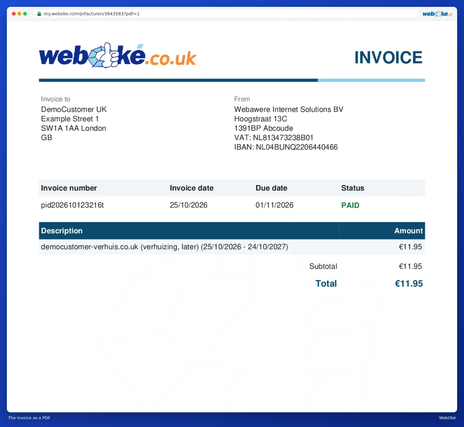An invoice as a pdf with addresses, line items, VAT and total