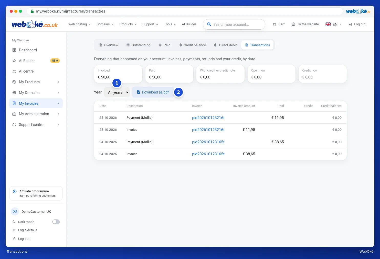 The Transactions tab with totals and a list of invoices and payments