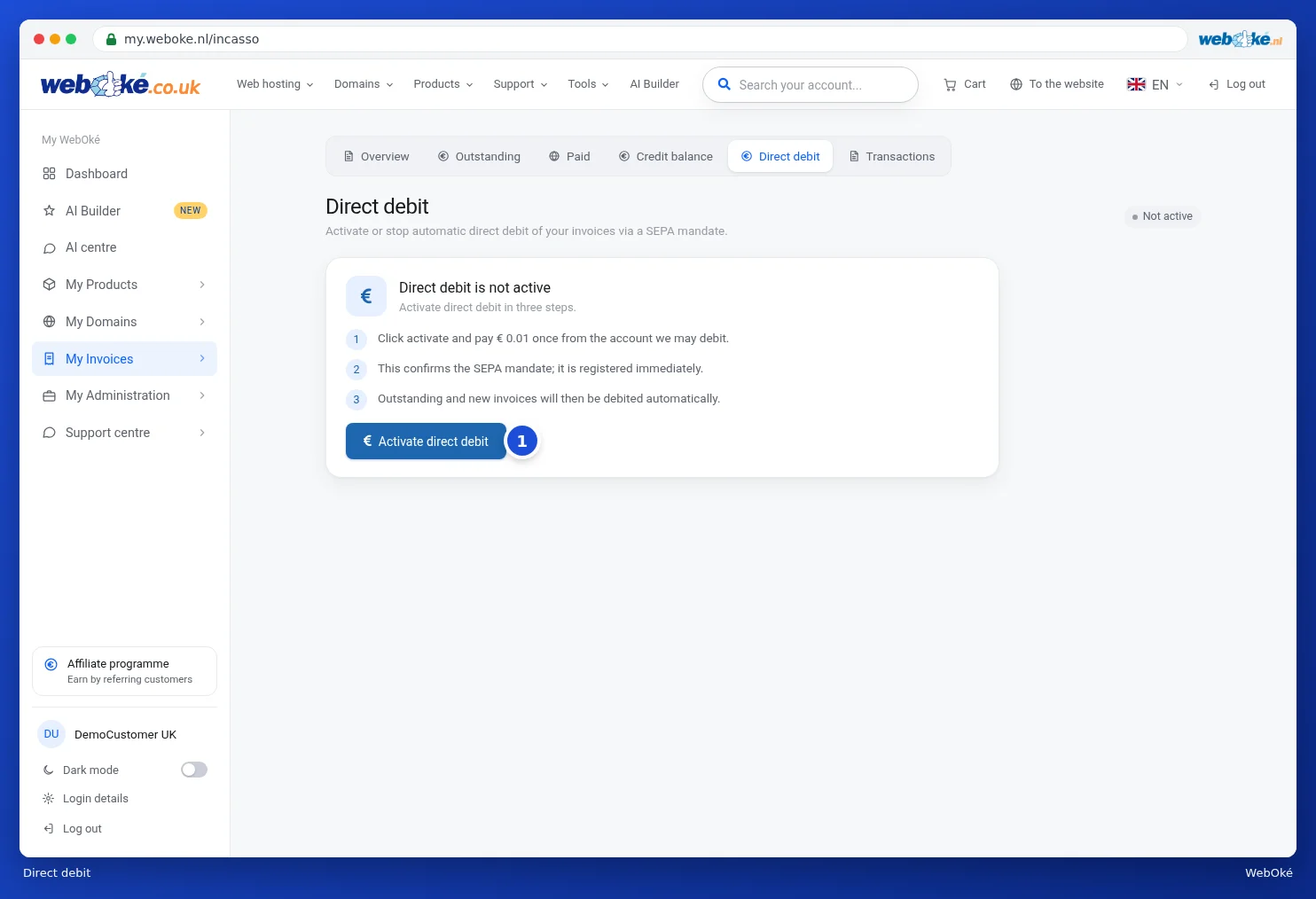 The Direct debit page with the button to activate it