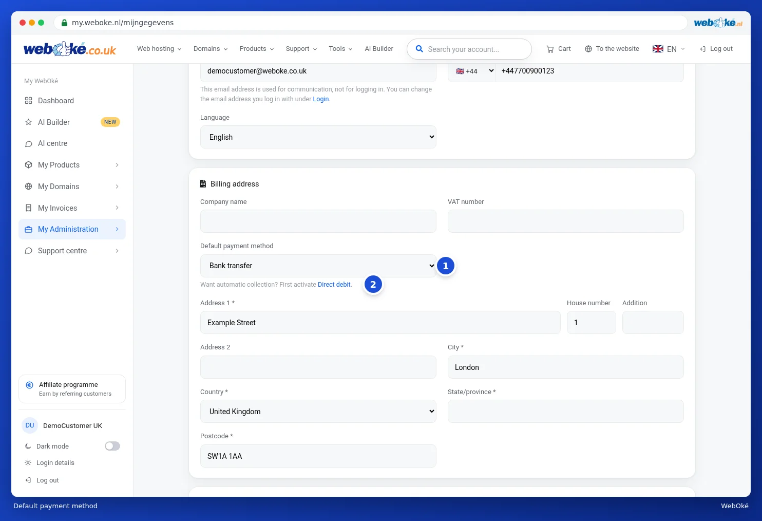 The Default payment method field on the details page