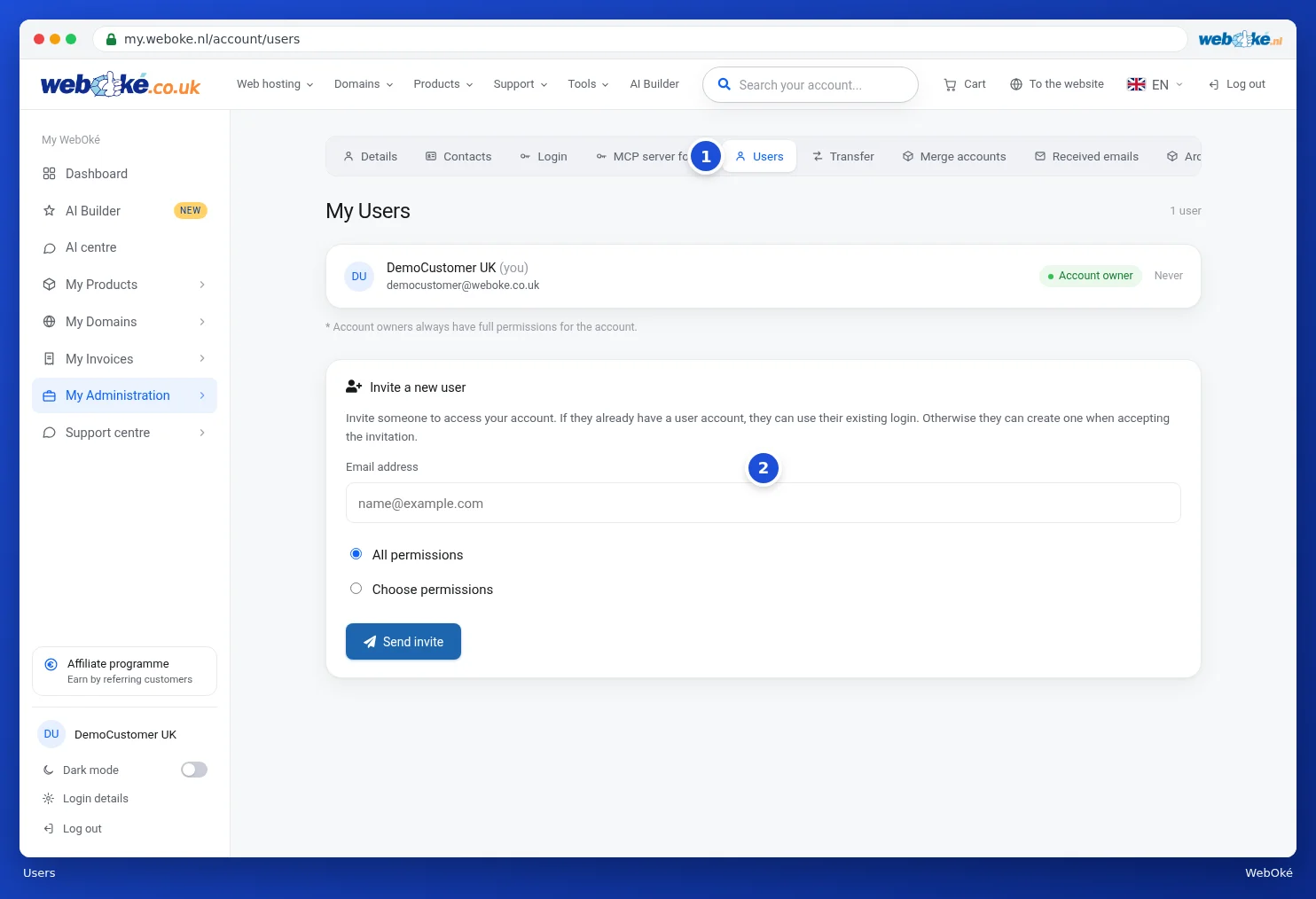 The Users tab with the account owner and the form to invite someone