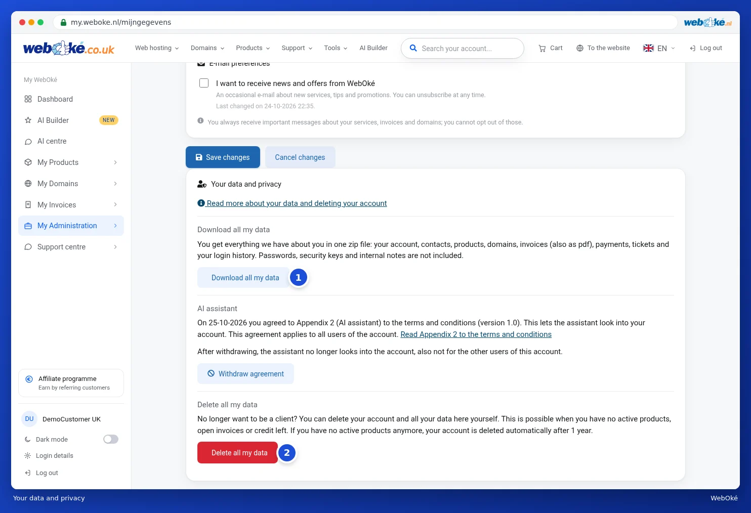 The Your data and privacy section with download, AI assistant and delete options