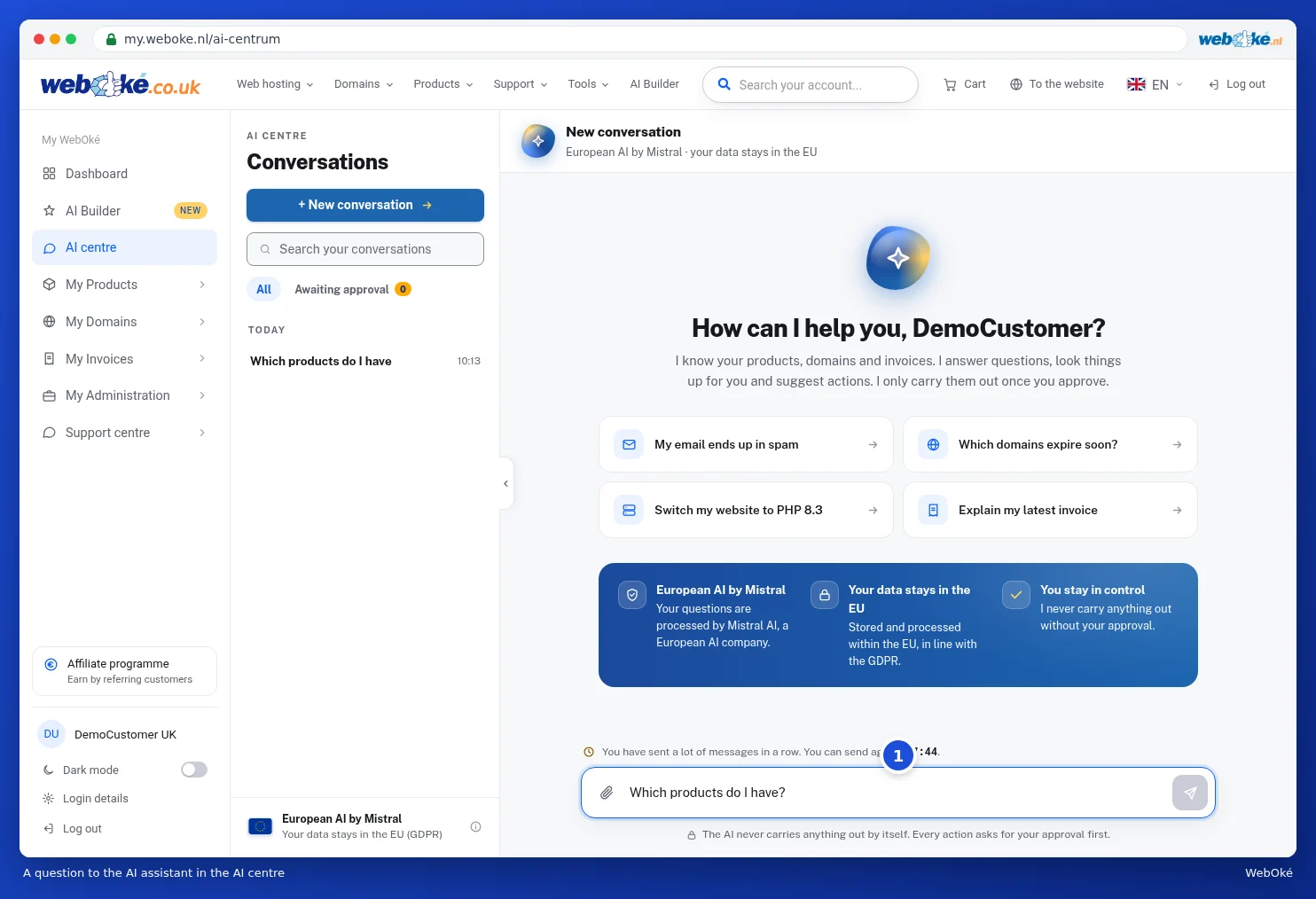 A conversation in the AI centre with the question Which products do I have and the answer