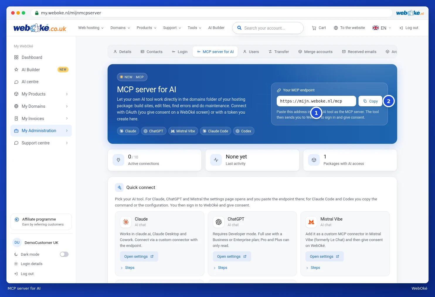 The MCP server for AI page with the endpoint