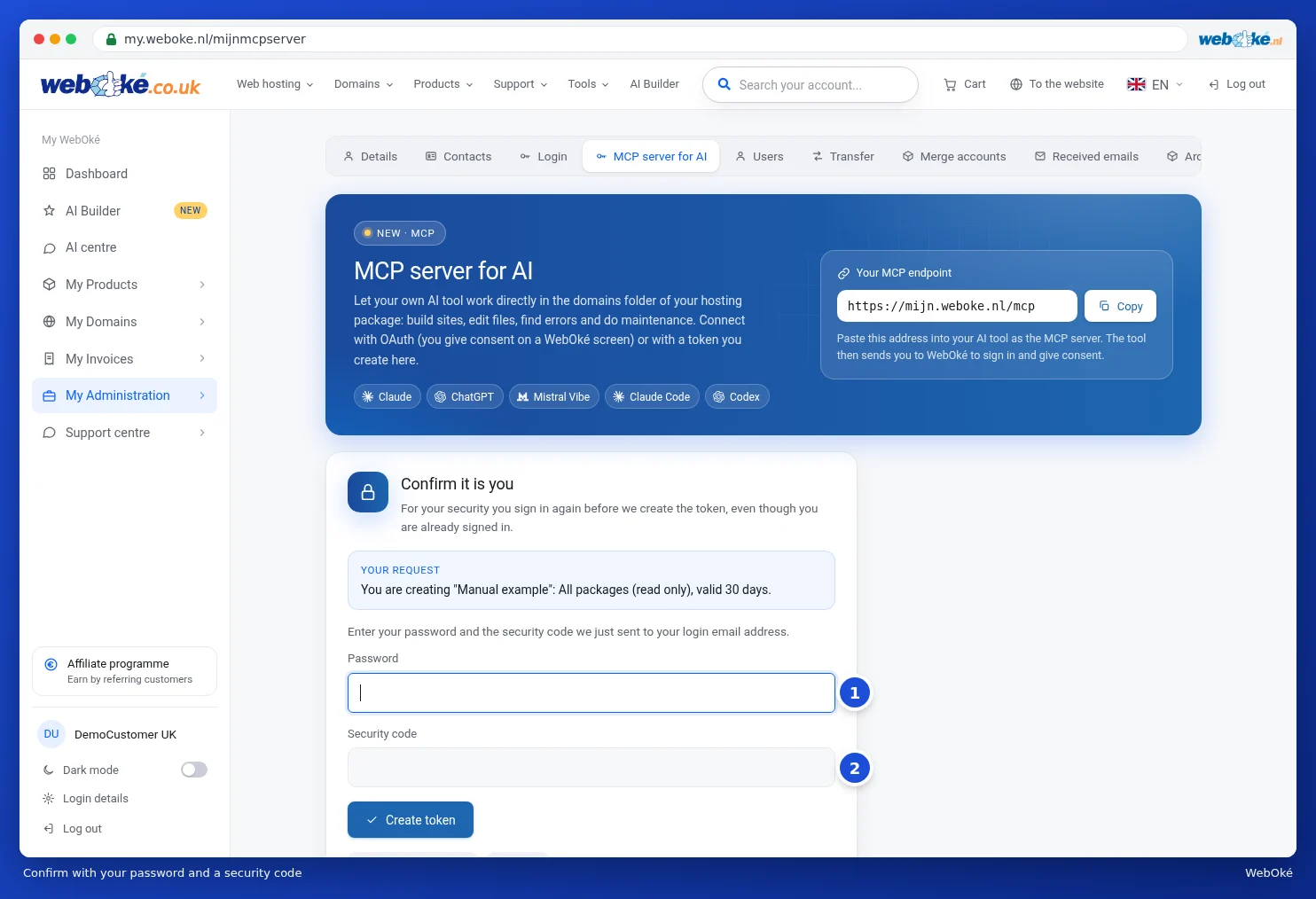 The Confirm it's you screen with fields for password and security code