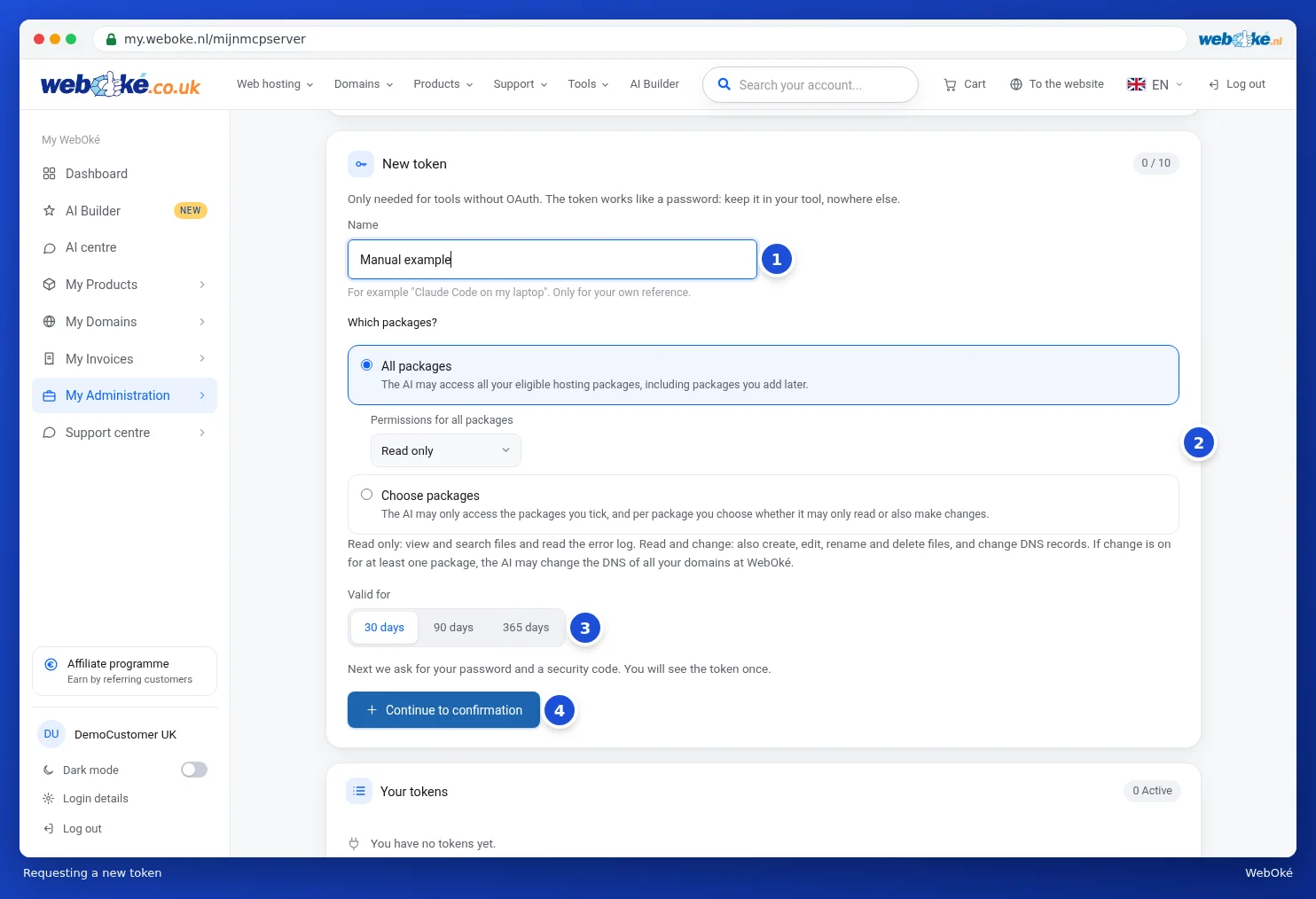 The New token form with name, packages, access and validity