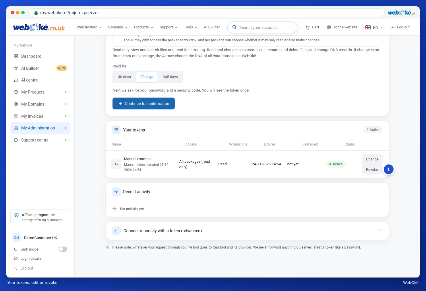 The Your tokens list with the Change and Revoke buttons