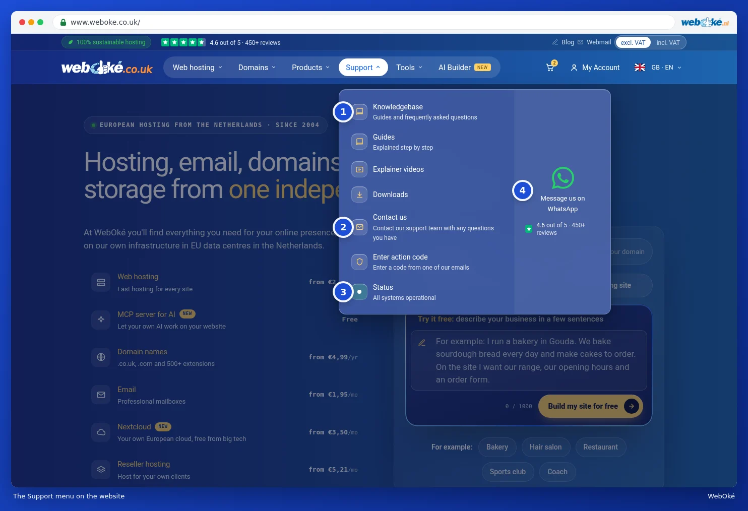 The open Support menu on the website with knowledge base, guides, explainer videos, downloads, contact us, action code and status
