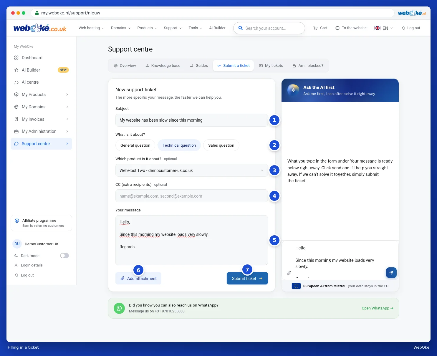 The completed New support ticket form with subject, type of question, product, CC and message