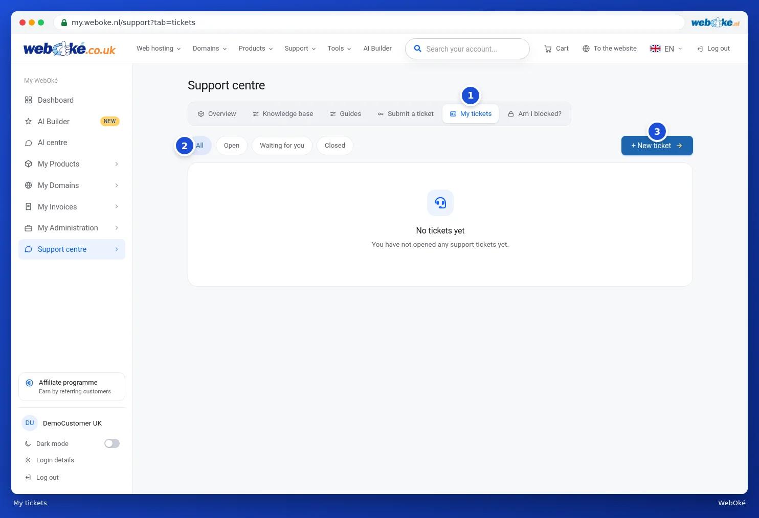 The My tickets tab with the filters All, Outstanding, Waiting for you and Closed and the New ticket button