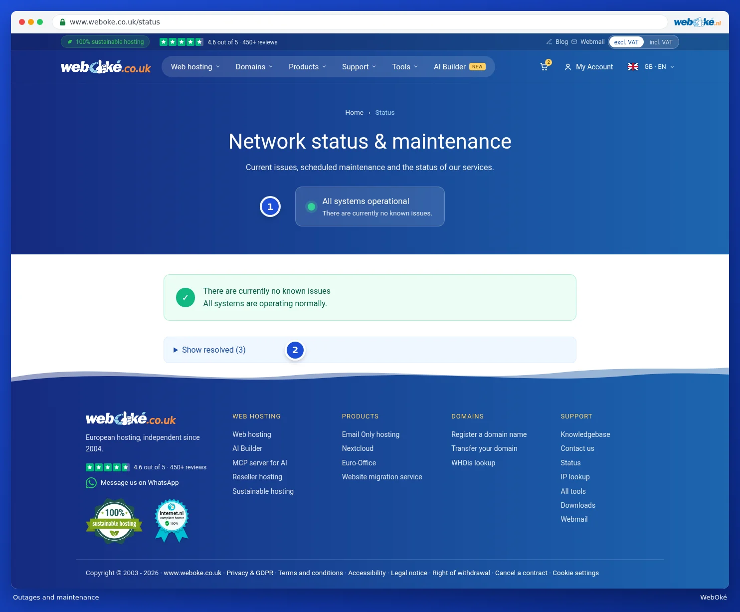 The Incidents and maintenance status page showing the All systems operational message and the Show resolved button