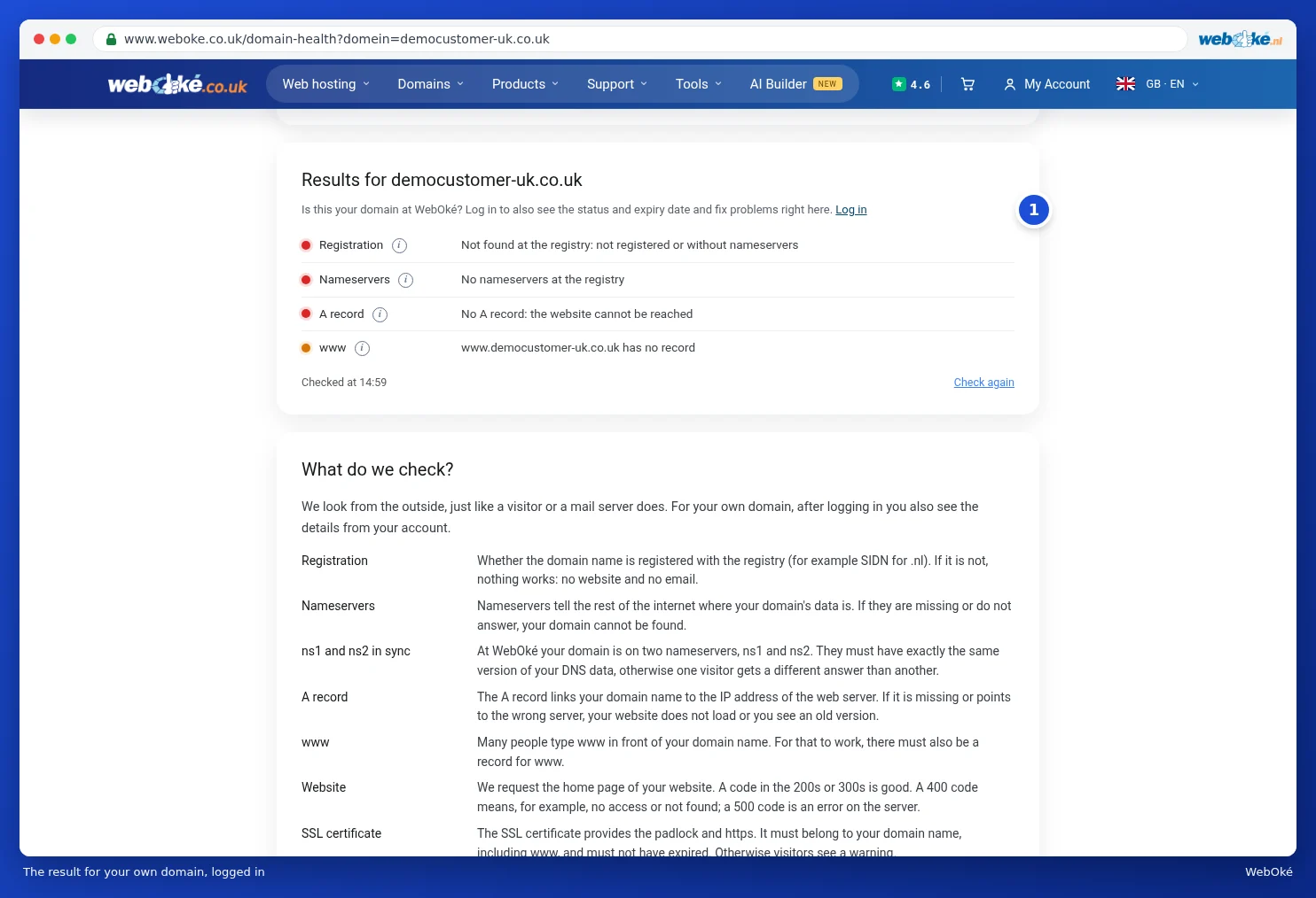 The result for the demo customer's own domain, with lines about status, expiry, quarantine and hosting package