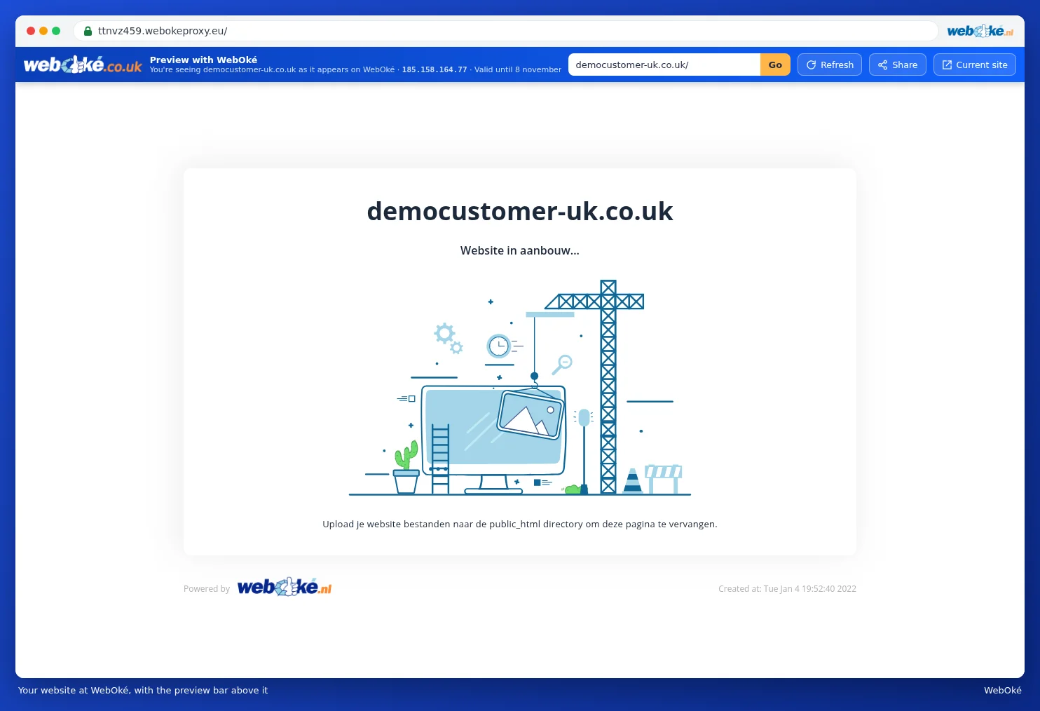 The demo client's website at WebOké with the blue preview bar above it