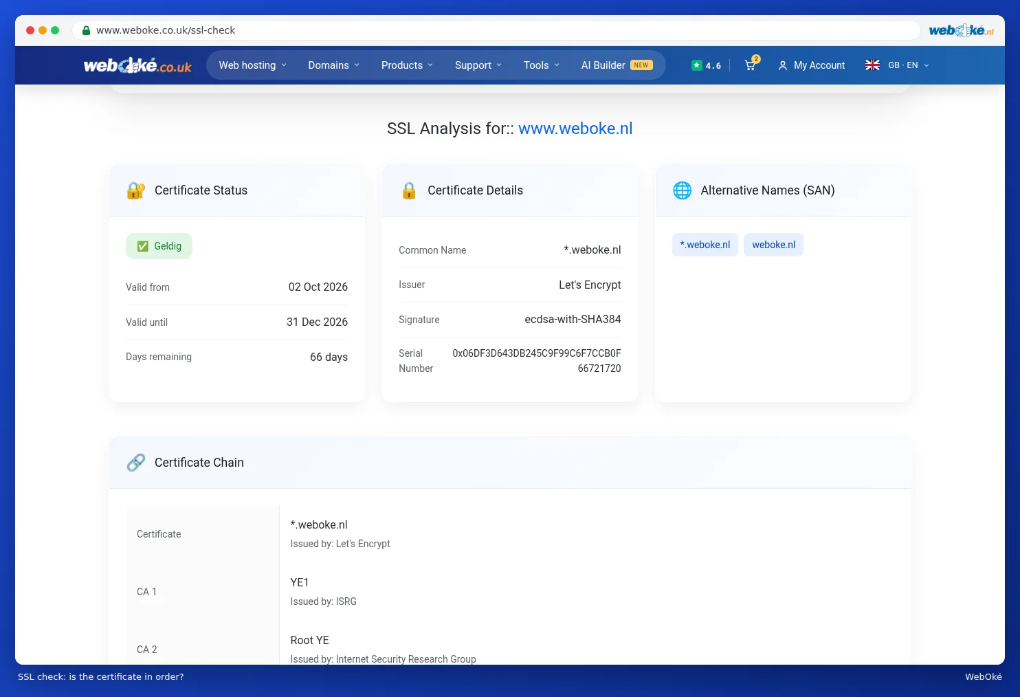 The result of the SSL check for www.weboke.nl with status, details, alternative names and the chain