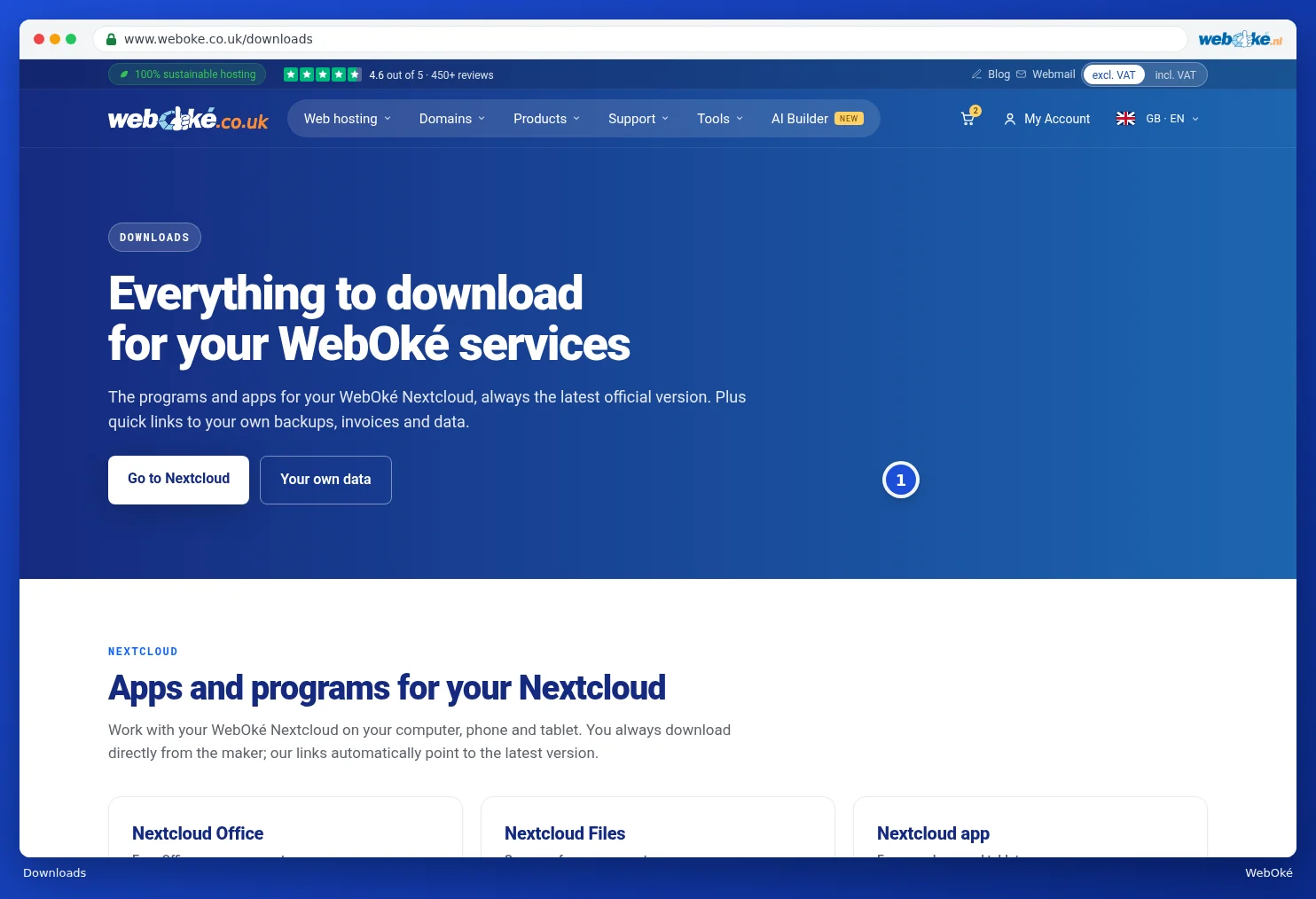 The top of the Downloads page with the Go to Nextcloud and All your data buttons