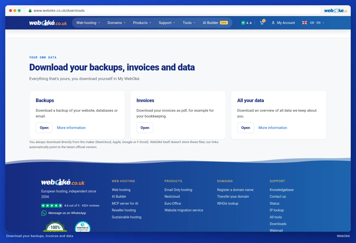 The Backups, Invoices and All your data cards with the Open buttons