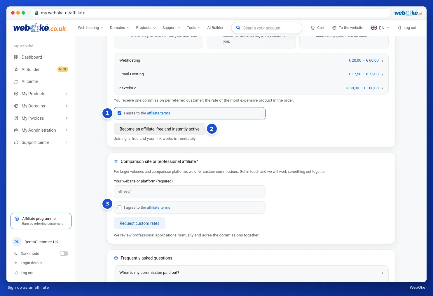The checkbox for the affiliate terms, the Become an affiliate button and the block for professional affiliates