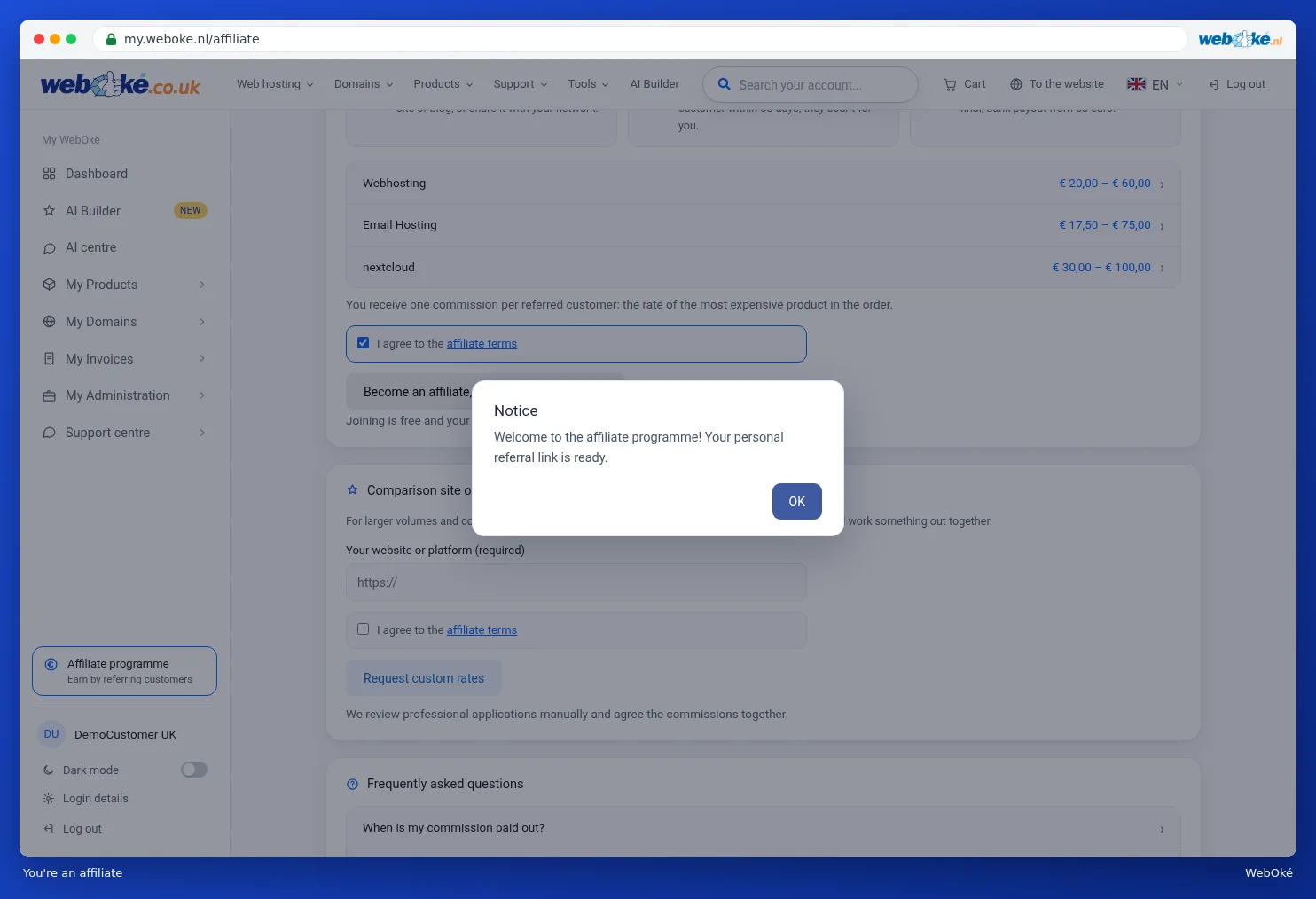 The Welcome to the affiliate programme message with the OK button