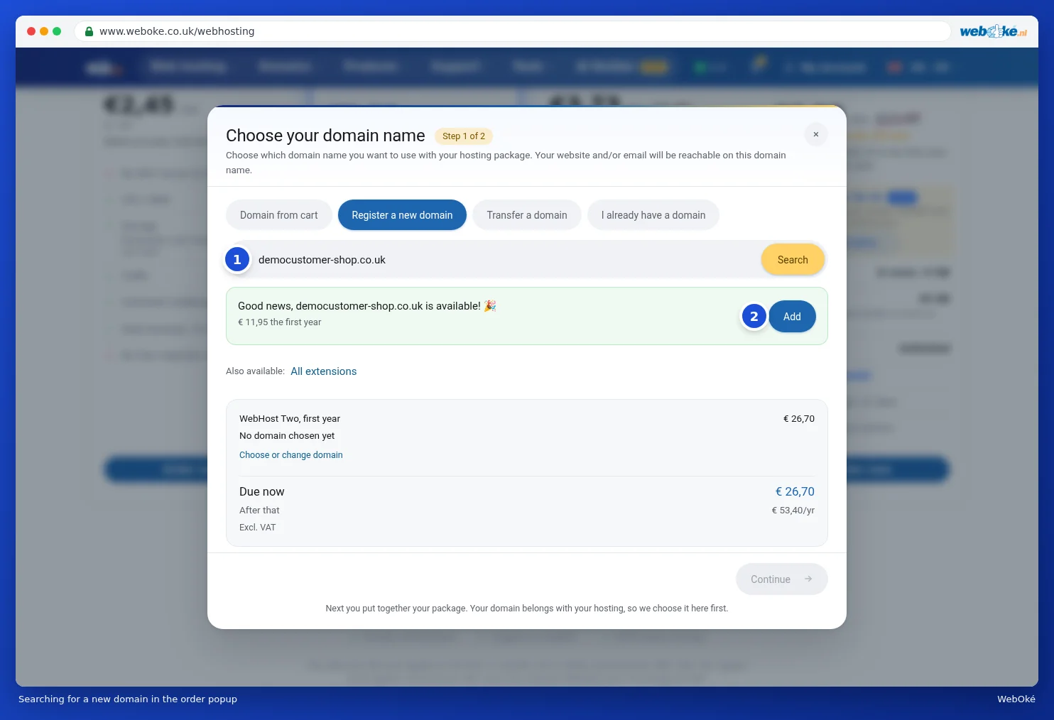 Searching for a new domain in the order popup