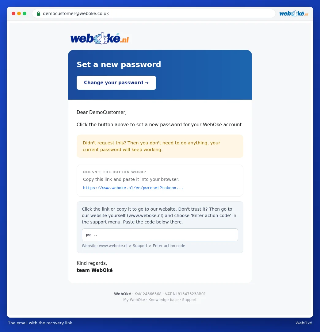 The email Set a new password with the Change your password button
