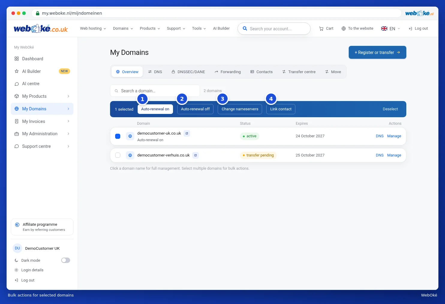 The blue bar with actions for the selected domains
