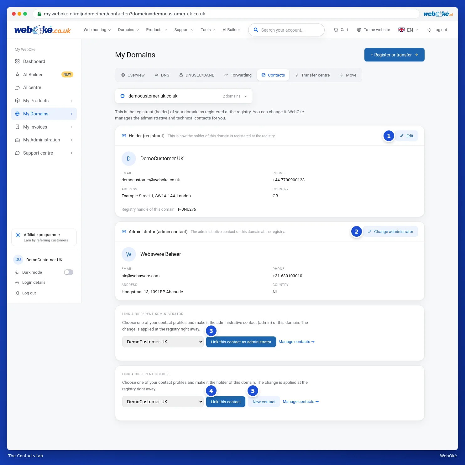 The Contacts tab with the holder, the administrator and the blocks for linking another contact