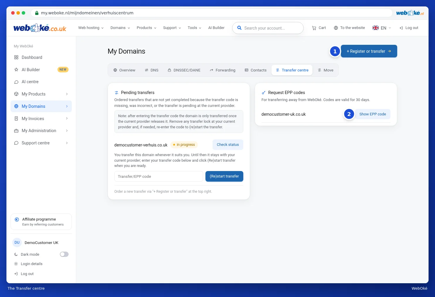 The Transfer centre with pending transfers and EPP codes