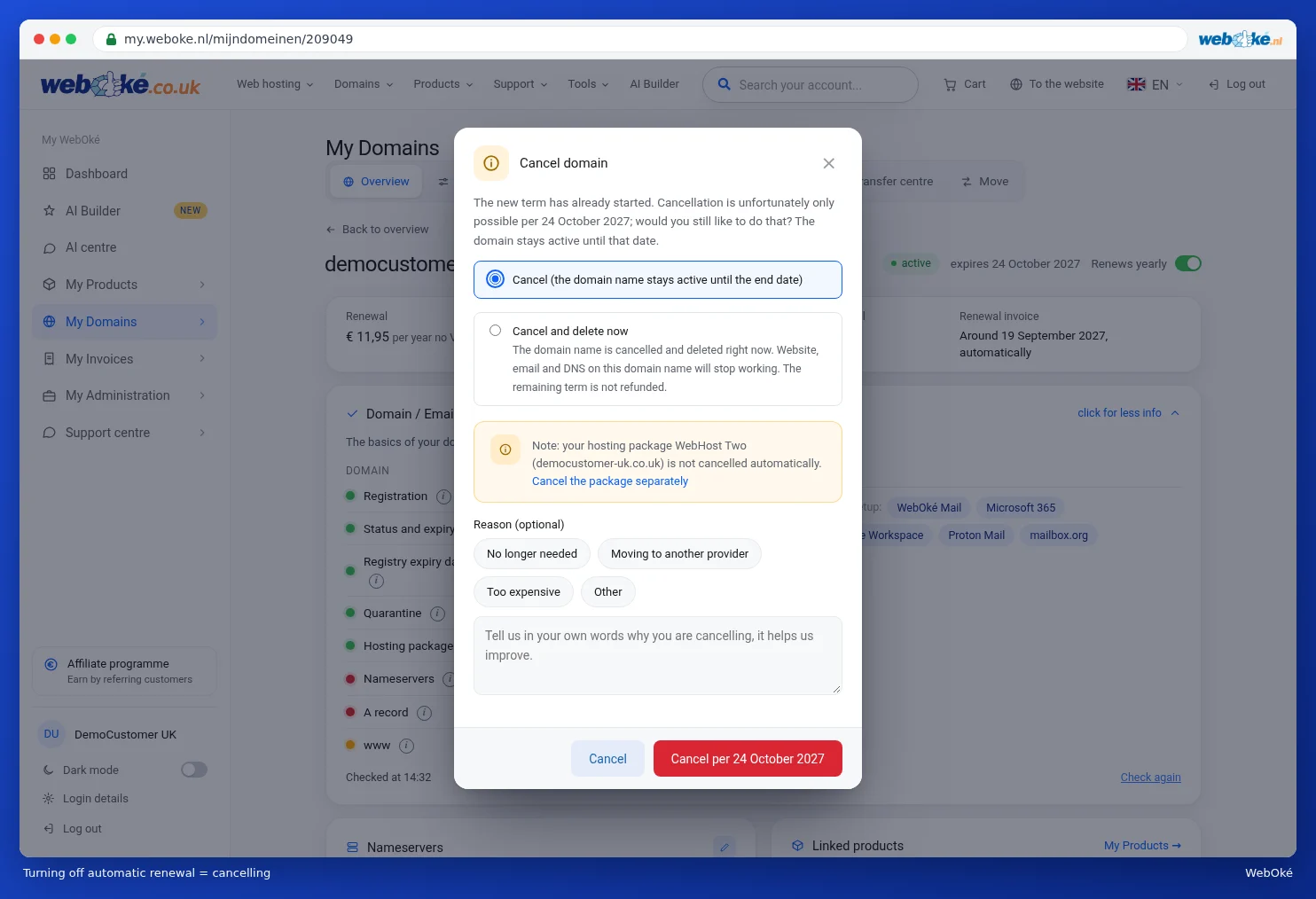 The Cancel domain window that opens when you switch off auto-renewal