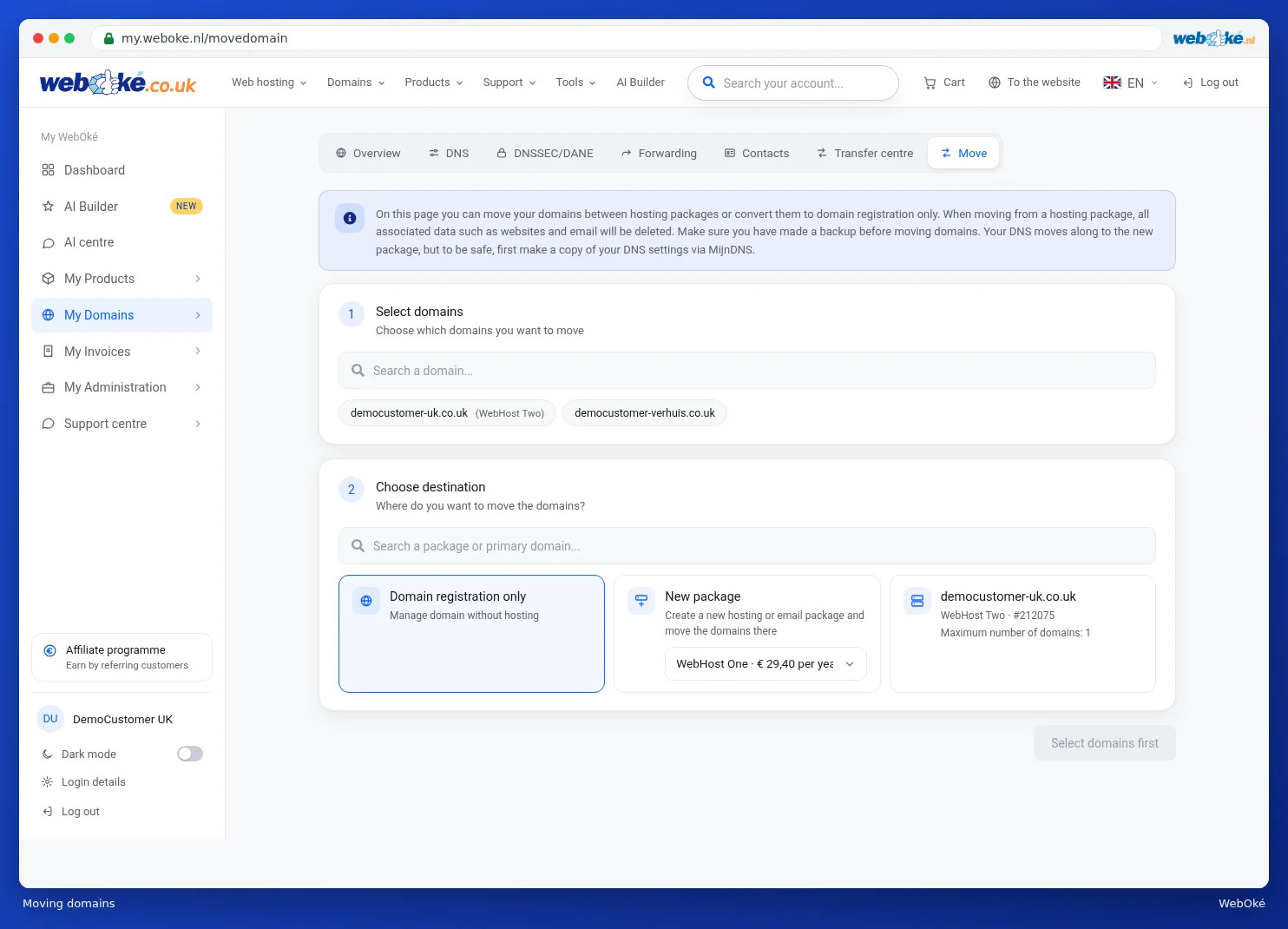 The Move screen with step 1 Select domains and step 2 Choose destination