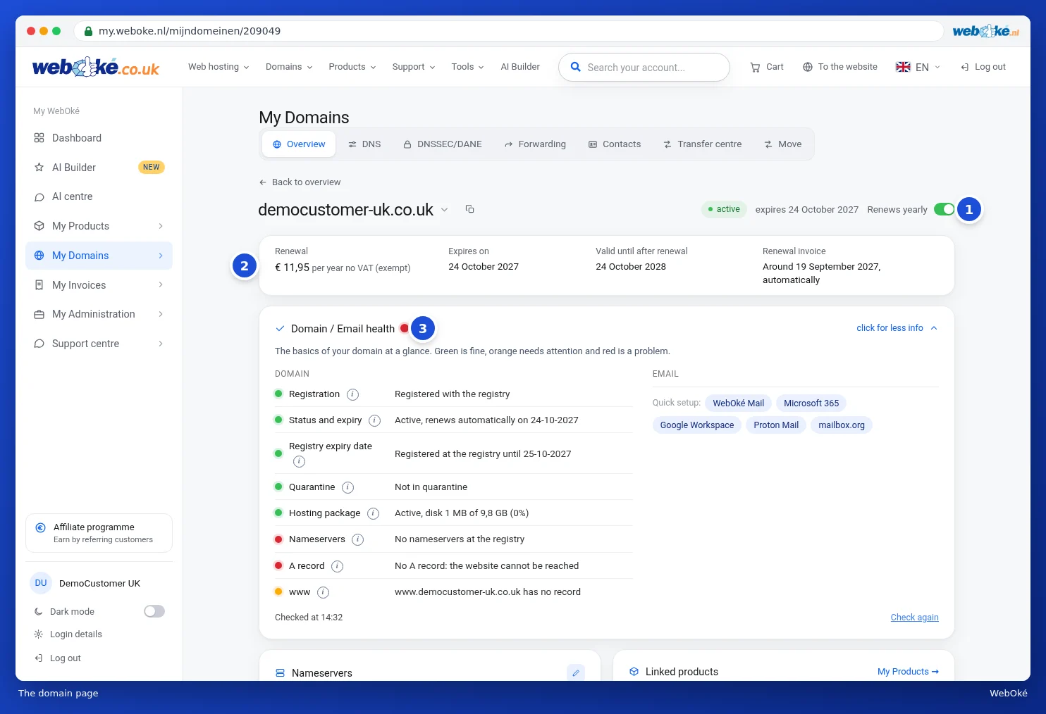 The top of the domain page with the renewal and Domain/Email health