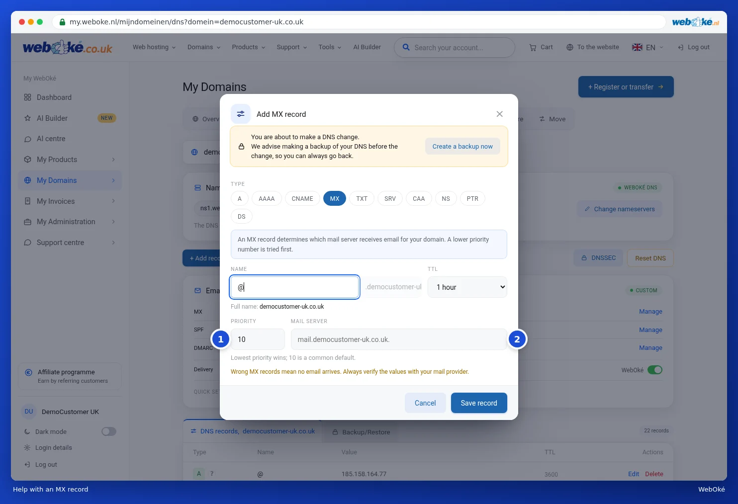 The Add MX record window with priority and mail server