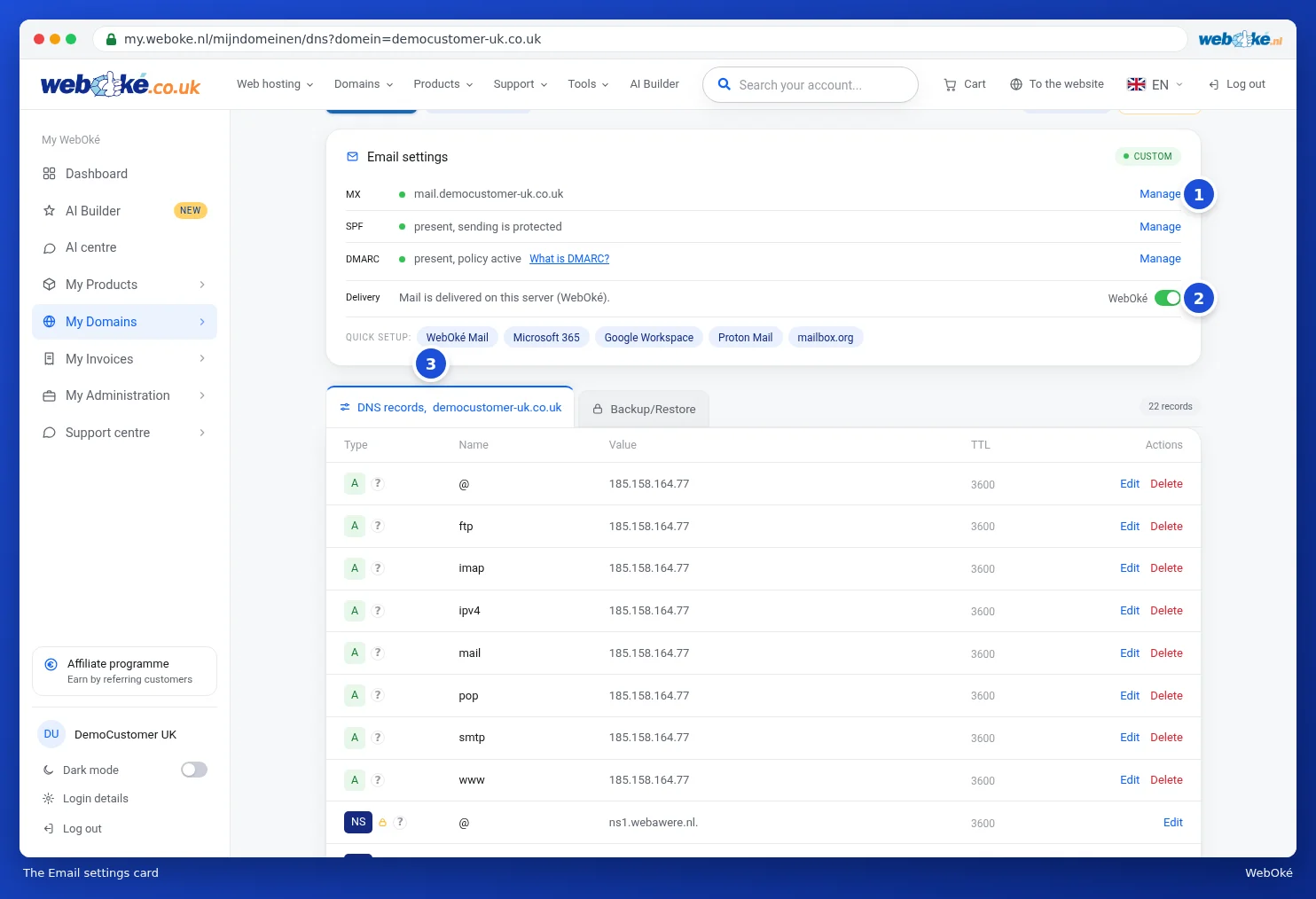 The Email settings card with MX, SPF, DMARC, Delivery and Quick setup