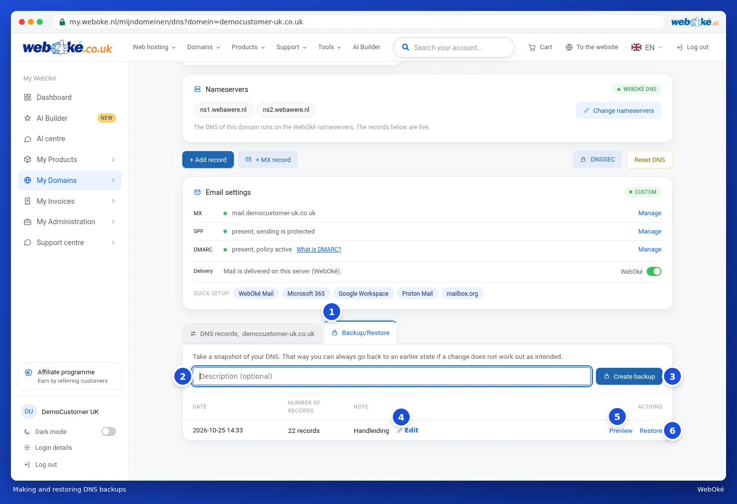 The Backup/Restore tab with a backup created