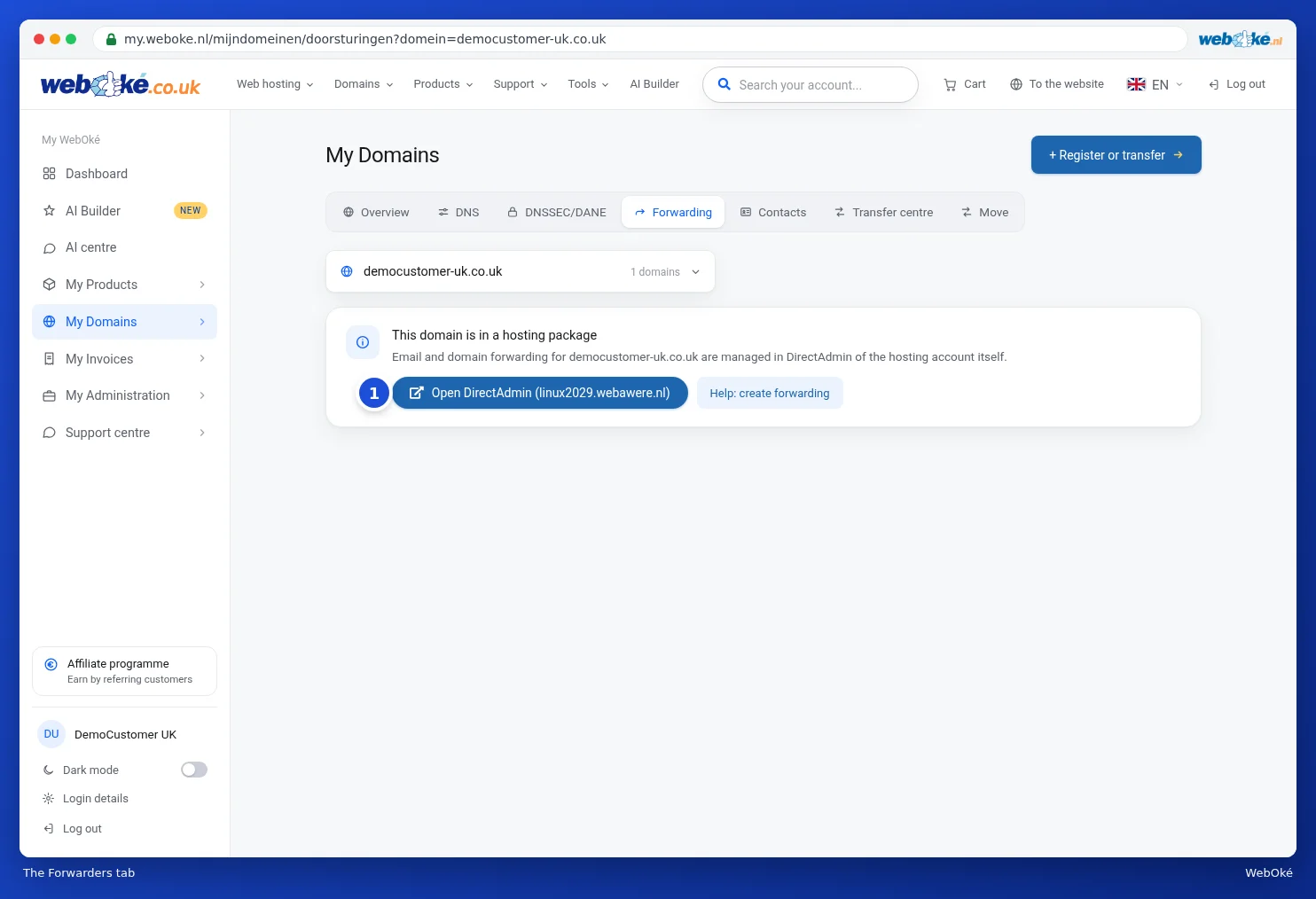 The Forwarders tab for a domain in a hosting package with the Open DirectAdmin button