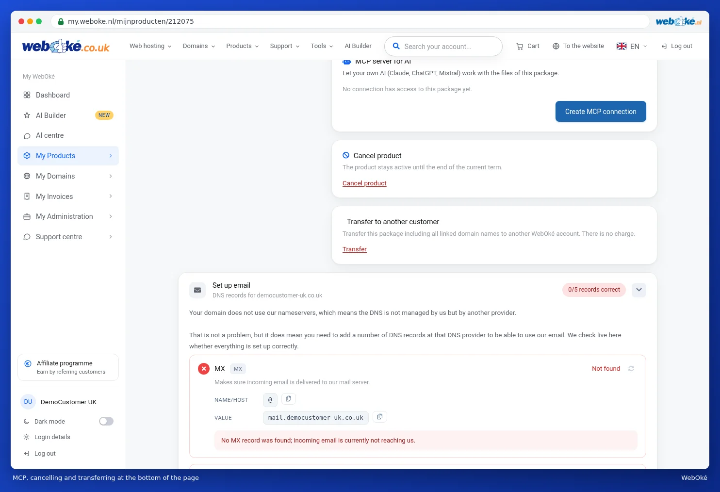 The cards MCP server for AI, Cancel product and Transfer to another customer