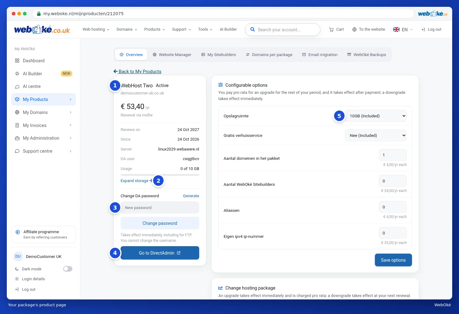 The product page of WebHost Two with the package details on the left and the configurable options on the right