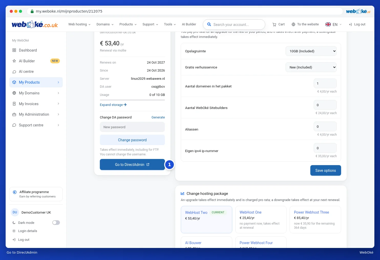 The Go to DirectAdmin button on the product page
