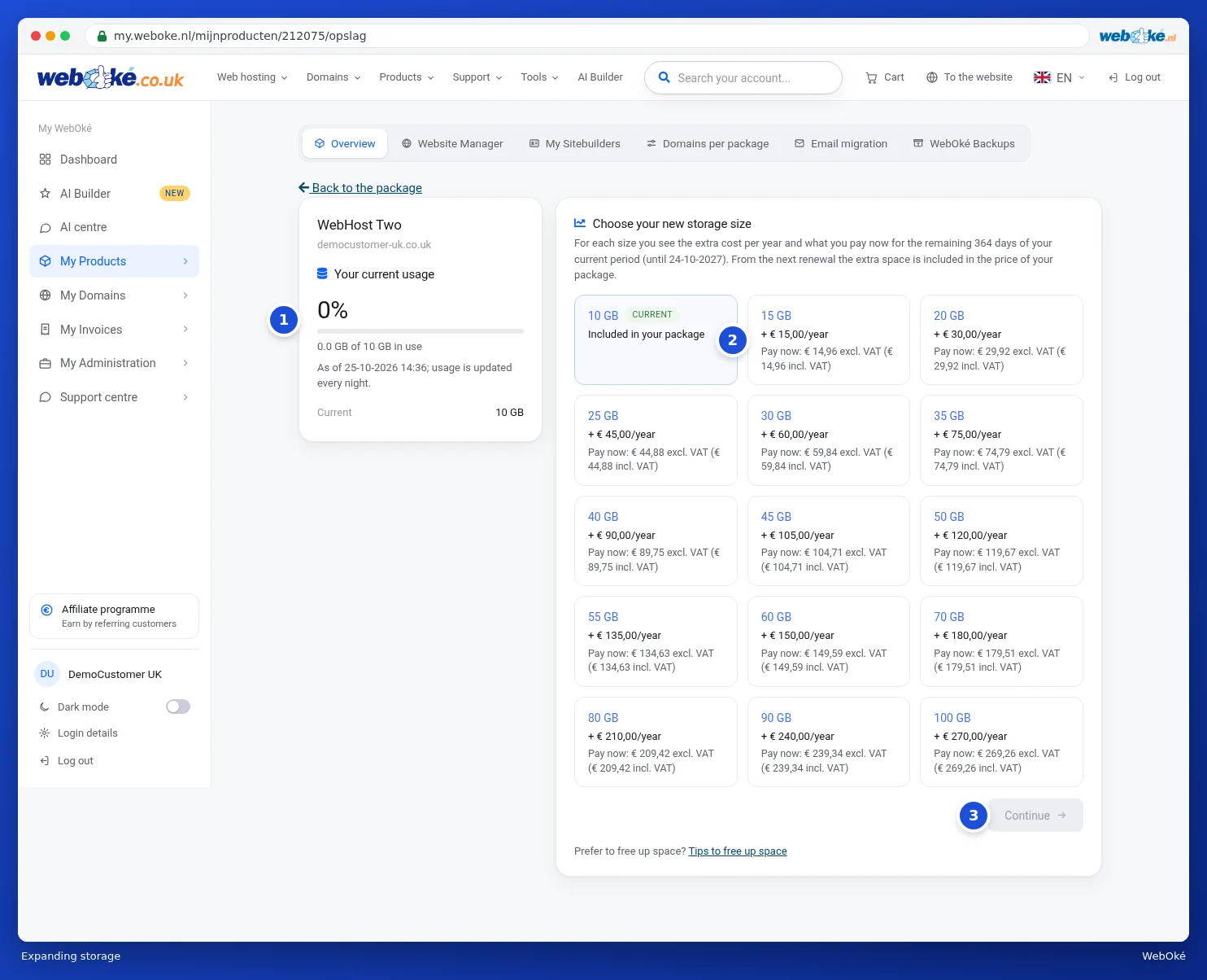 The Expand storage page with the usage and the options