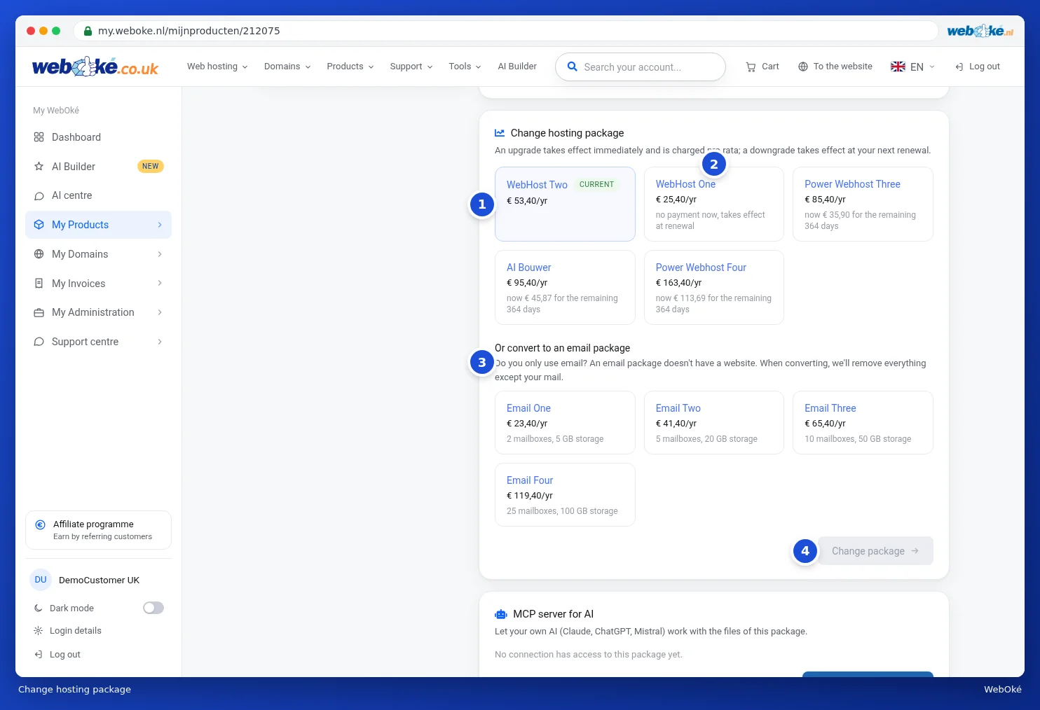 The Change hosting package card with tiles for the other packages