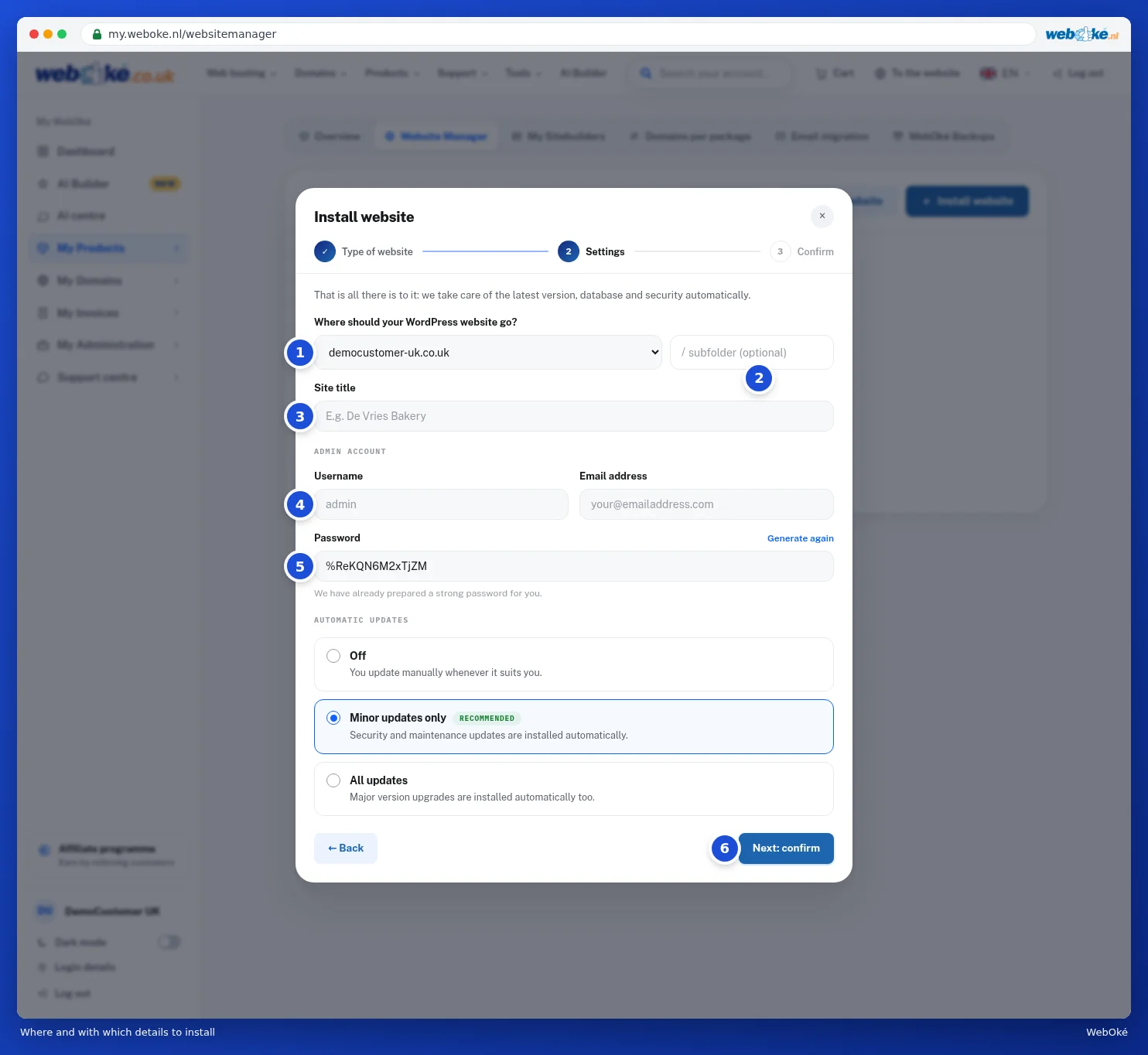 The installation screen with domain, subfolder, site title, admin account and automatic updates